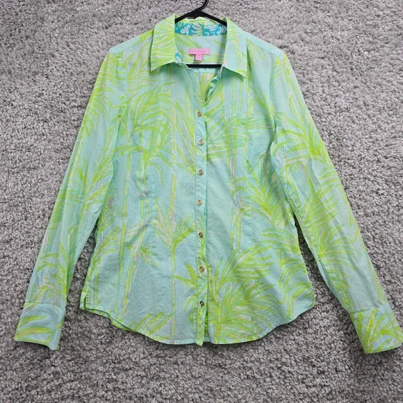 Lilly Pulitzer Shirt Women 10 Green Button Up Long‎ Sleeve Palm Tree Tropical - Picture 1 of 12